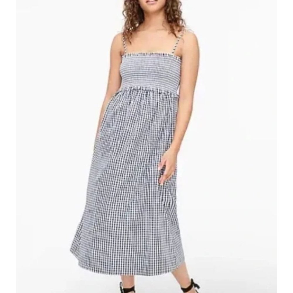 J. Crew Smocked Cotton Poplin Dress Gingham Midi Blue White XXS
